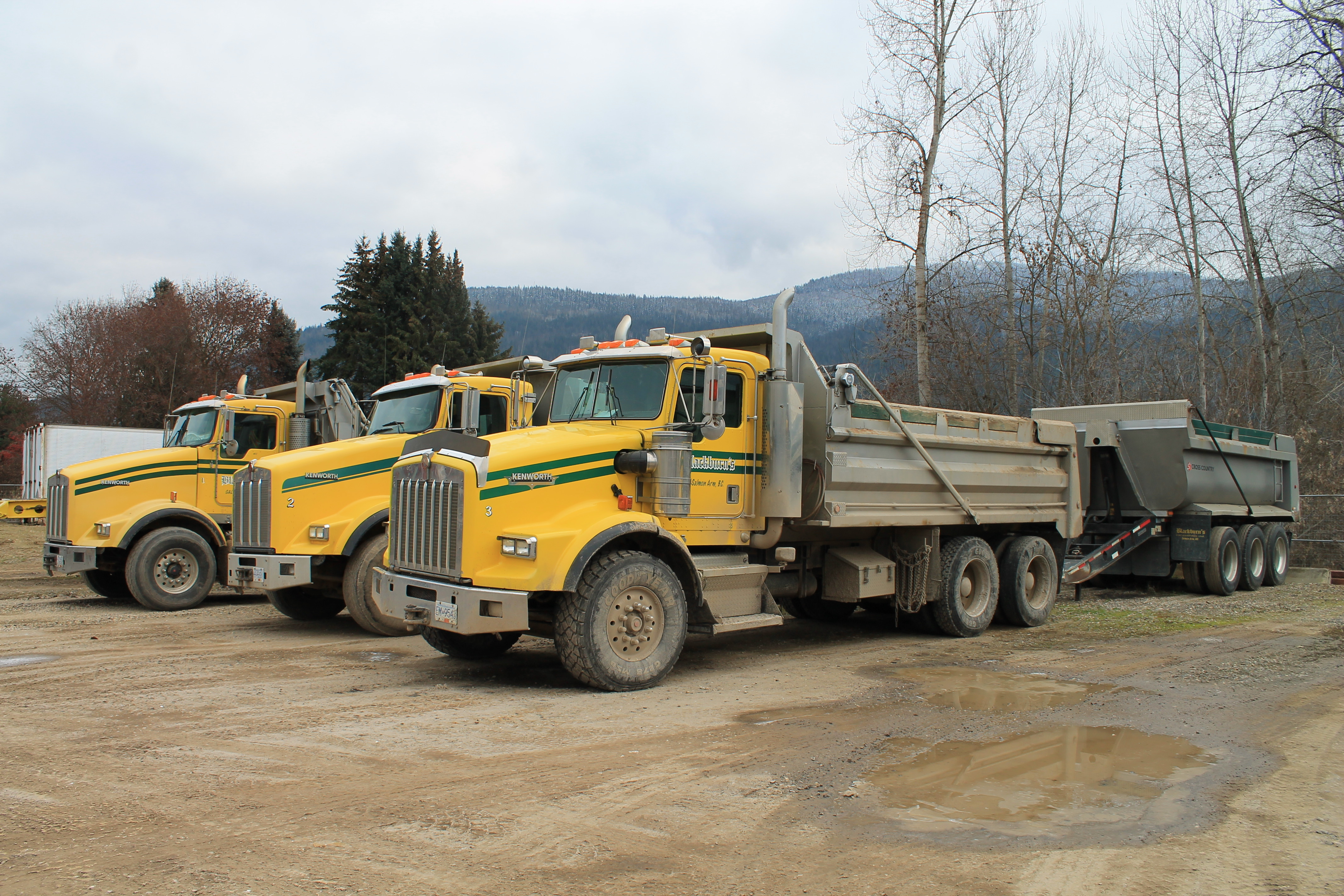Blackburn's yellow gravel trucks parked at the yard